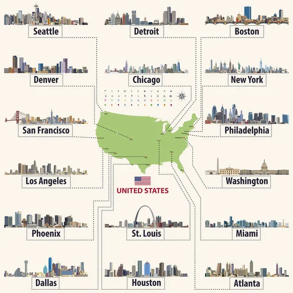 Mapa vectorial de Estados Unidos de América con los skylines de las ciudades más grandes — Vector de stock