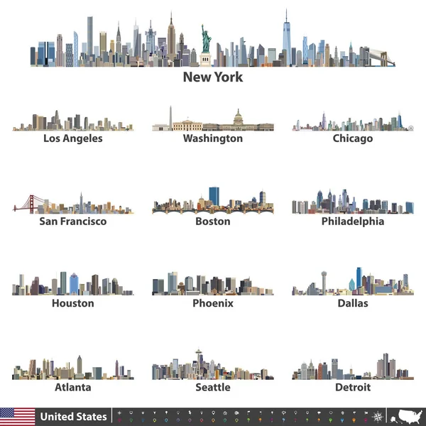 Ilustración vectorial de la ciudad más grande de los Estados Unidos skylines. Iconos de navegación, ubicación y viajes; Bandera y mapa de Estados Unidos de América — Vector de stock