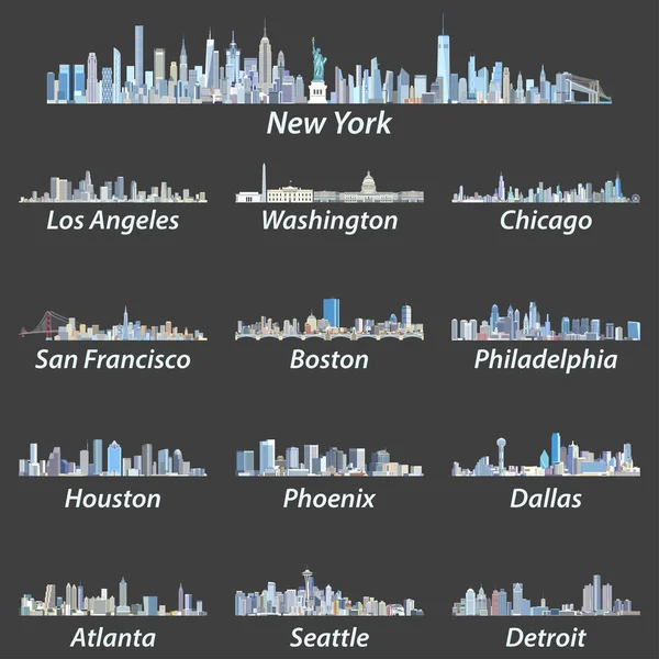 Verenigde Staten grootste steden skylines in tinten van blauw kleurenpalet. Vectorillustratie — Stockvector