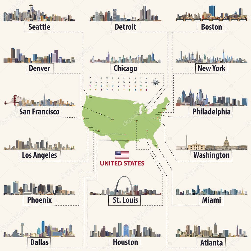 vector map of United States of America with largest cities' skylines