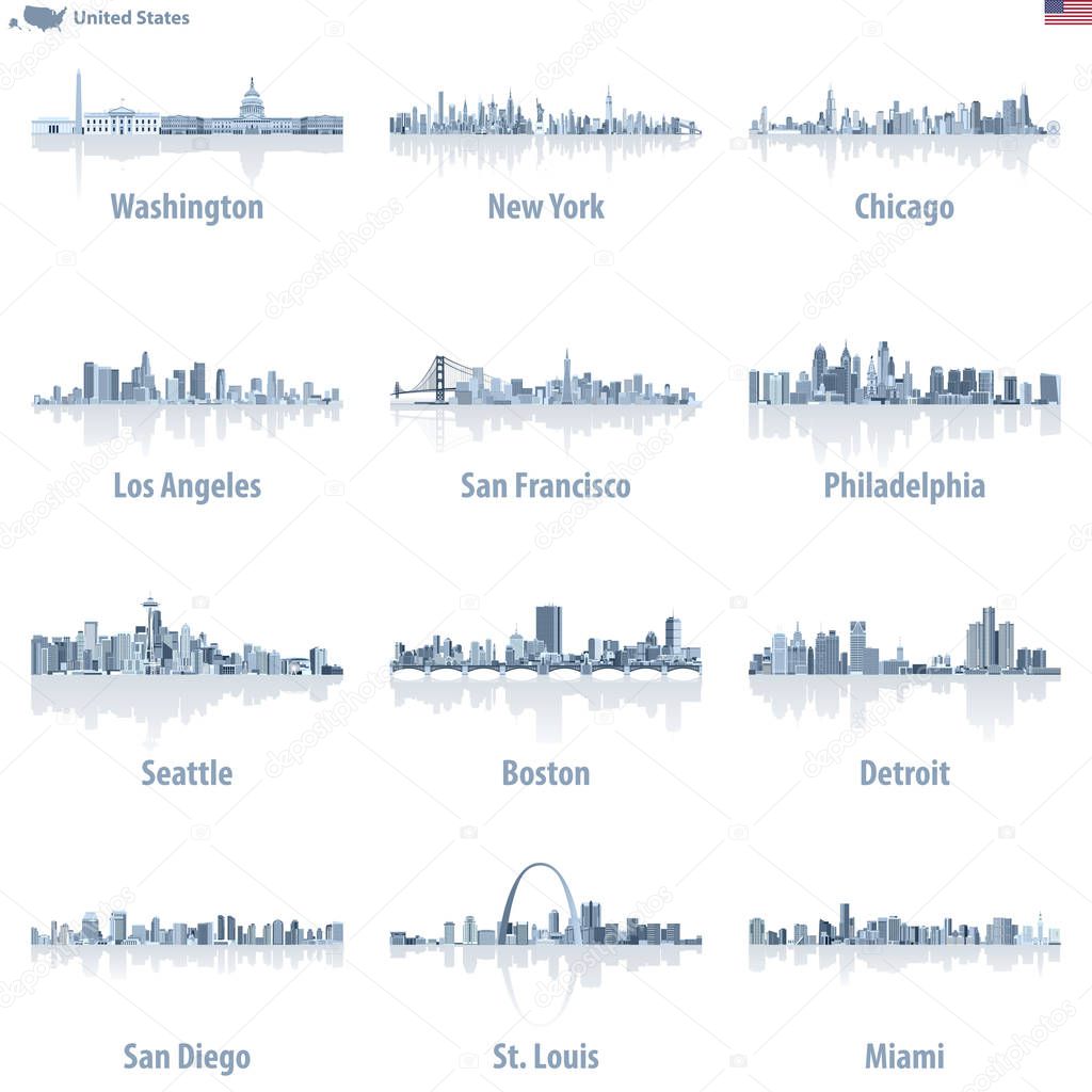 United States cities skylines in light blue color palette with water reflections. 