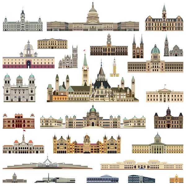 Векторна колекція високо деталізованих ізольованих ратуш, парламентських будинків та адміністративних будівель — стоковий вектор