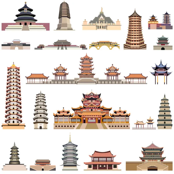 Colección vectorial de pagodas chinas y templos y torres antiguas — Vector de stock