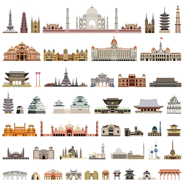 Collection of isolated vector temples, towers, cathedrals, pagodas, mausoleums. ancient buildings and other architectural monuments — Stock Vector