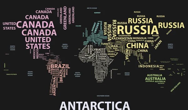 Vektorová mapa světa s názvy zemí v typografii — Stockový vektor