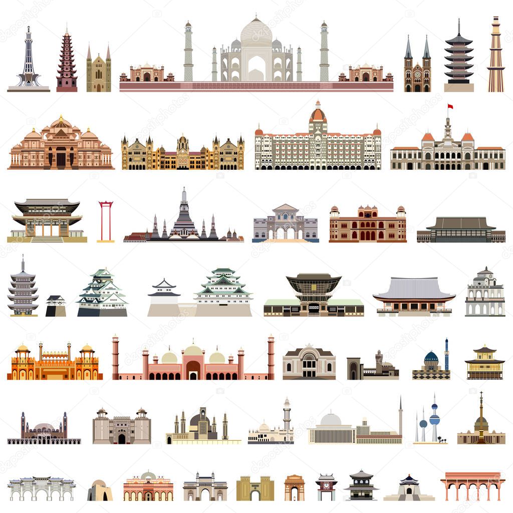 collection of isolated vector temples, towers, cathedrals, pagodas, mausoleums. ancient buildings and other architectural monuments