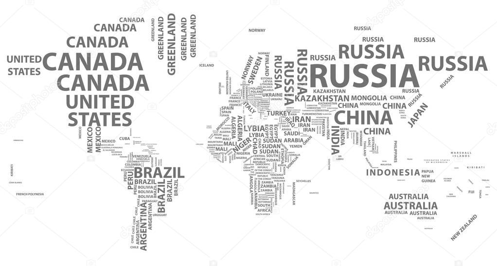 vector world map with country names in typography