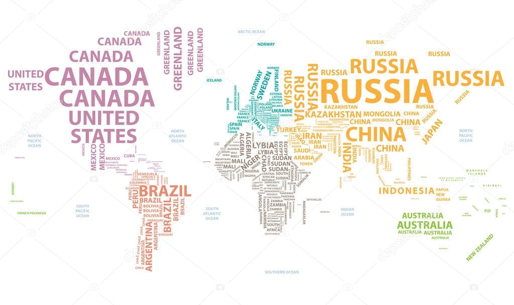 vector world map with country names in typography