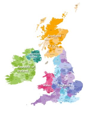 Ülke ve bölgeleri tarafından renkli Britanya Adaları Haritası