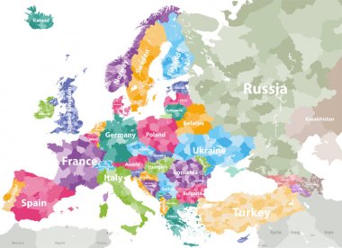 yüksek Detaylı renkli siyasi harita Avrupa ülkelerin bölgeleri ile. Vektör