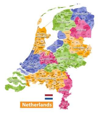 Netherlands high detailed local municipalities map colored by provinces. All elements are separated in detachable and labeled layers. Vector clipart