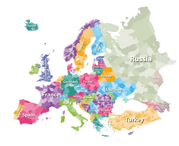 Barevná politická mapa Evropy s regiony zemí. Vektorové ilustrace — Stockový vektor