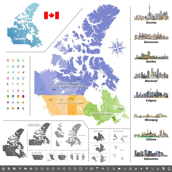 Province e territori canadesi mappa colorata per regioni. Mappa, bandiera e più grandi skyline della città del Canada. Illustrazione vettoriale — Vettoriale Stock