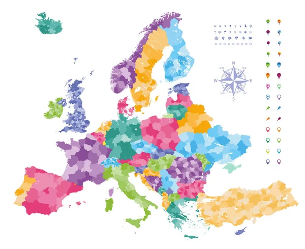 Carte de l'Europe colorée par les pays avec des frontières régionales. Collection d'icônes de navigation, de localisation et de voyage . — Image vectorielle