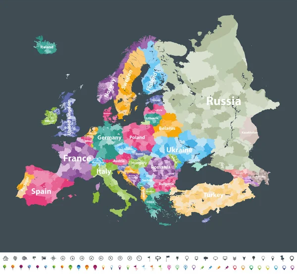 Europe map colored by countries with regions borders.  Navigation, location and travel icons collection. All elements separated in labeled and detachable layers. Vector — Stock Vector