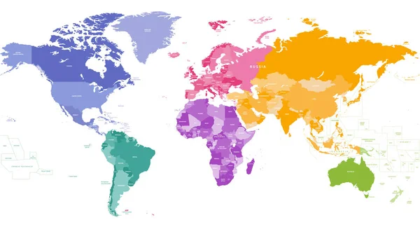 Mapa do mundo colorido por continentes — Vetor de Stock