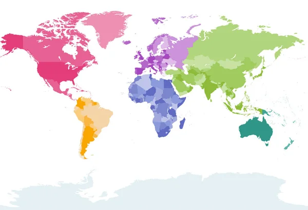 Mappa del mondo colorata per continenti — Vettoriale Stock