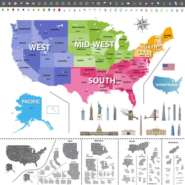 Mapa de los Estados Unidos de América coloreado por regiones. Navigation, location icons; flag and landmarks of United States (en inglés). Todos los elementos separados en capas desmontables y etiquetadas. Vector — Archivo Imágenes Vectoriales