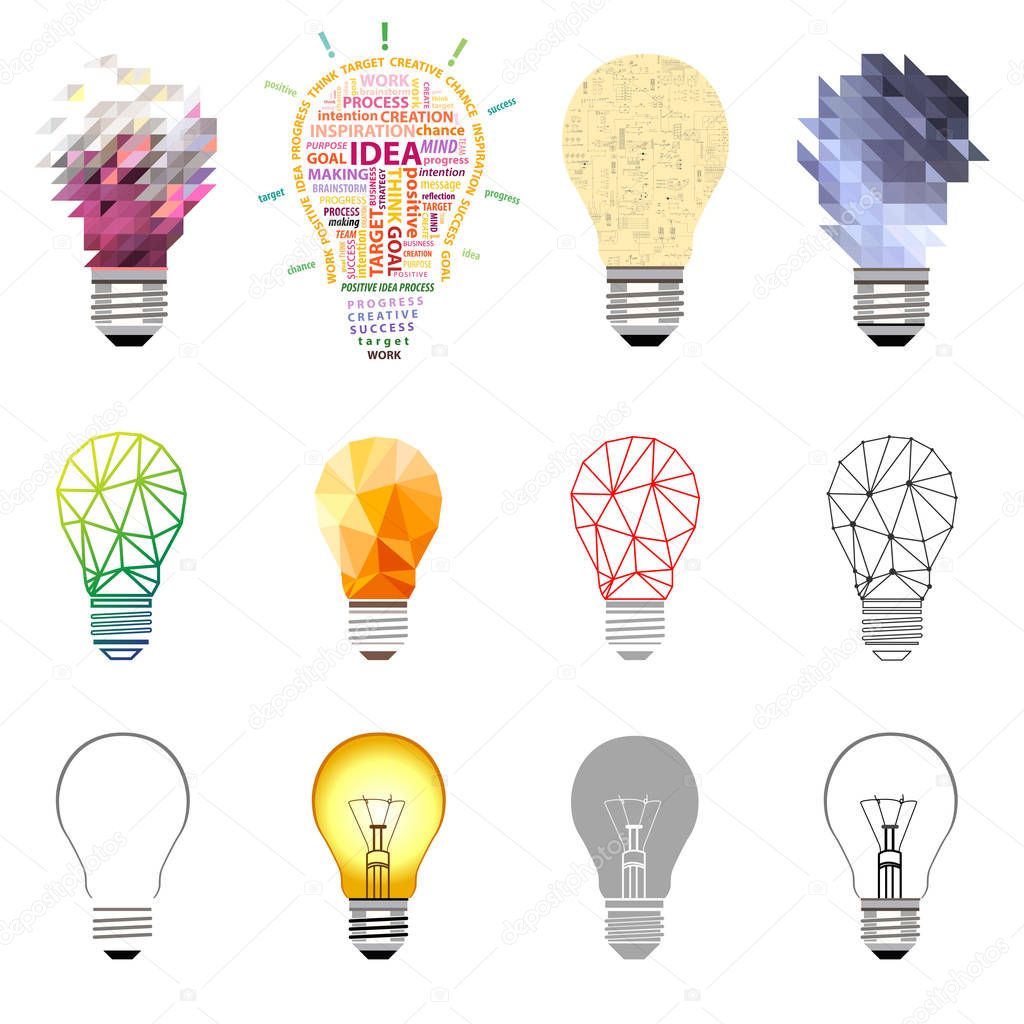 vector collection of light bulbs. set of conceptual, technology, idea, creative design elements icons