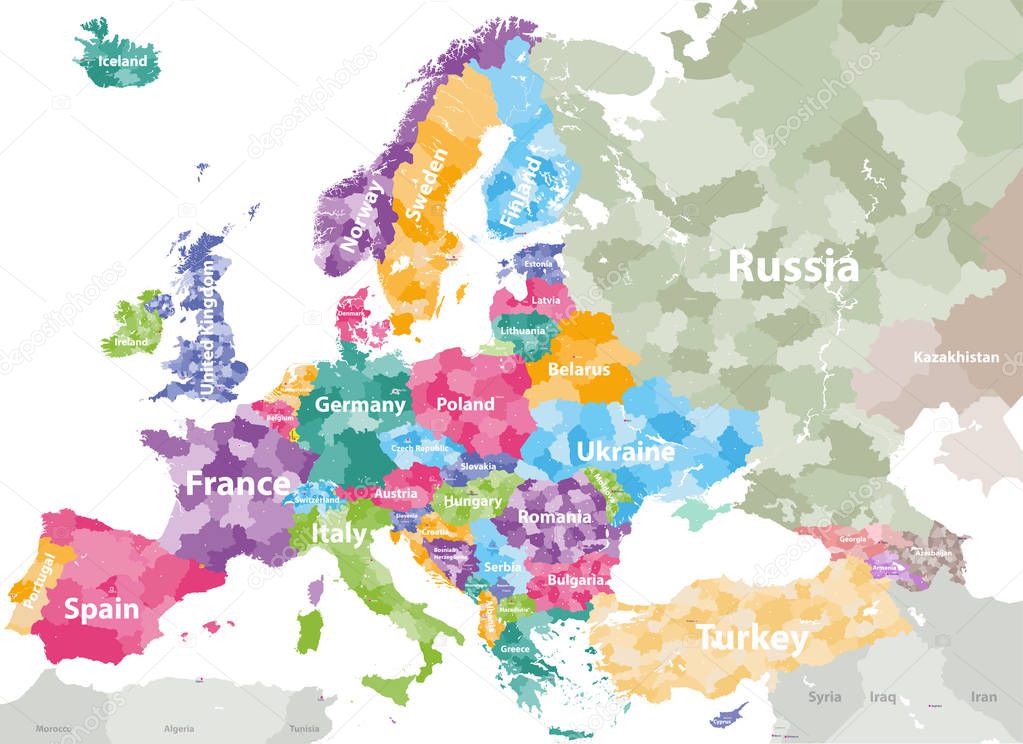 high detailed colored political map of Europe with countries' regions. Vector