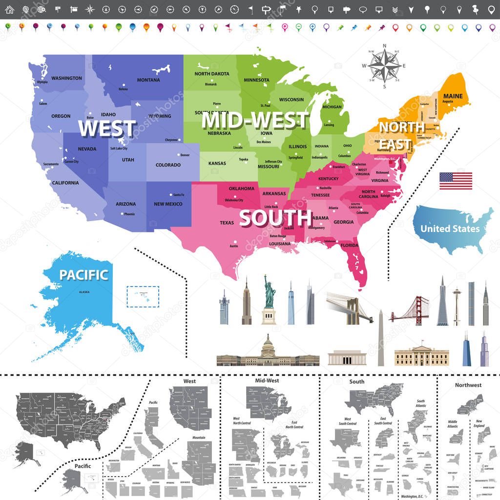 United States of America map colored by regions. Navigation, location icons; flag and landmarks of United States. All elements separated in detachable and labeled layers. Vector 