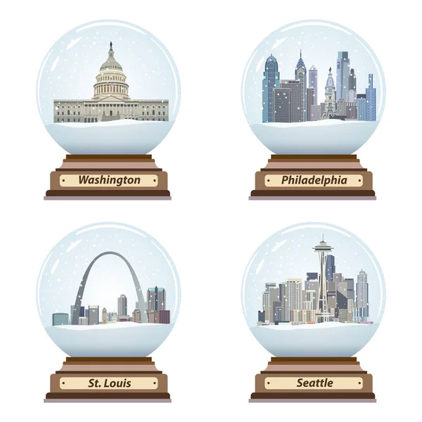 Vector set of snow globes with United States city skylines inside — Stock Vector