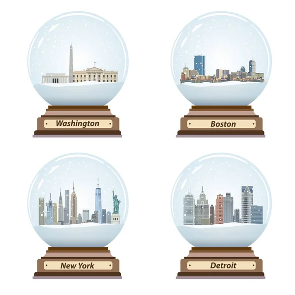 Vektor sor snow Globe az Egyesült Államok városi városképeket belül — Stock Vector