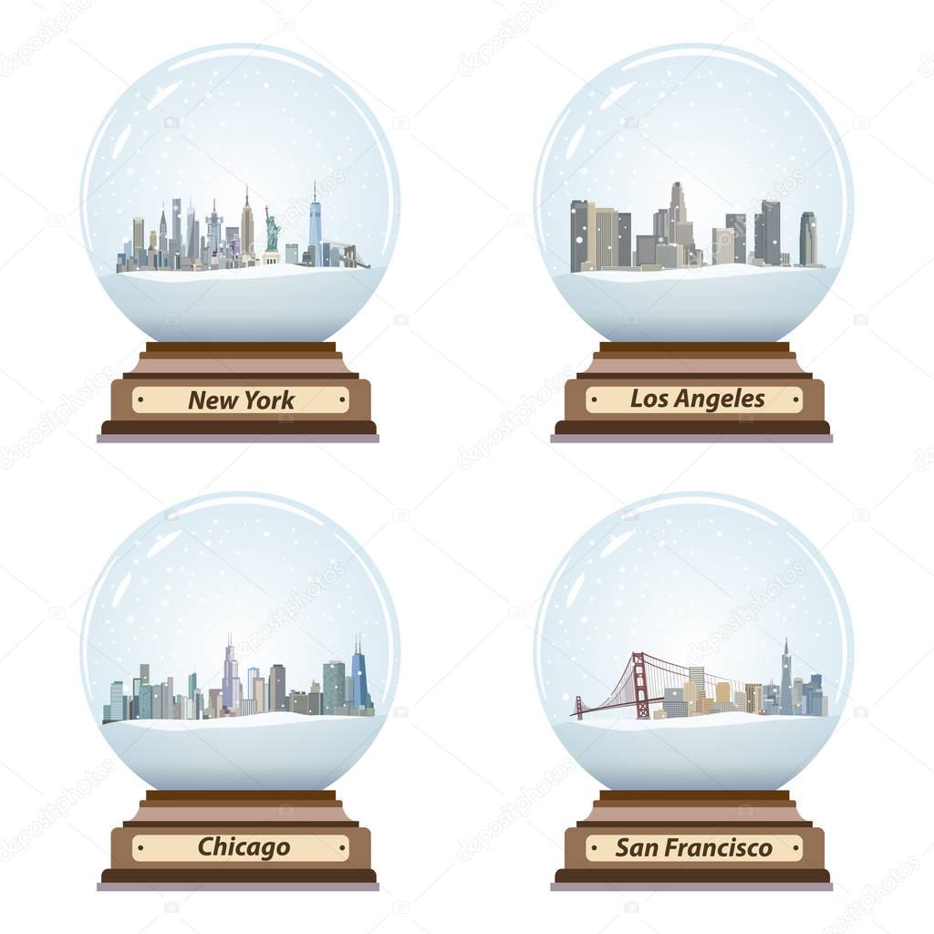 vector set of snow globes with United States city skylines inside