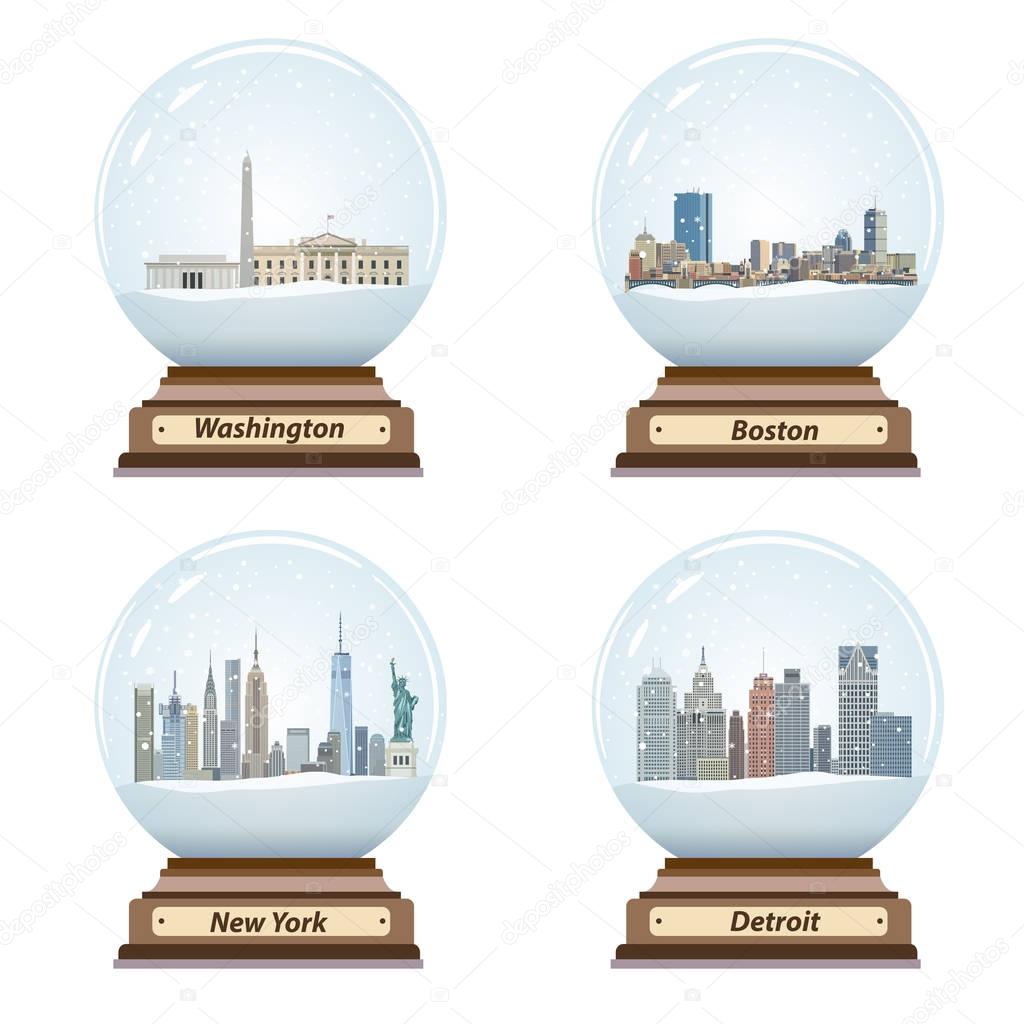vector set of snow globes with United States city skylines inside