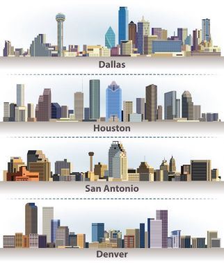 vektör ABD şehir silueti topluluğu: Dallas, Houston, San Antonio ve Denver