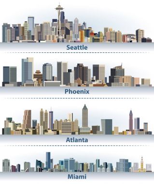 vektör ABD şehir silueti topluluğu: Seattle, Phoenix, Atlanta ve Miami