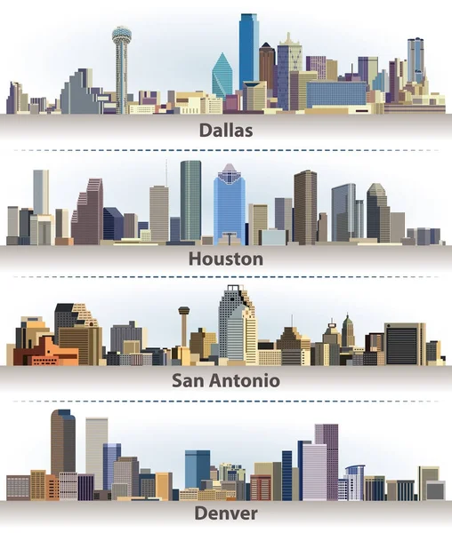 Colección de vectores de horizonte de la ciudad de Estados Unidos: Dallas, Houston, San Antonio y Denver — Archivo Imágenes Vectoriales