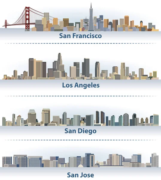 Vektör ABD şehir silueti topluluğu: San Francisco, Los Angeles, San Diego ve San Jose — Stok Vektör