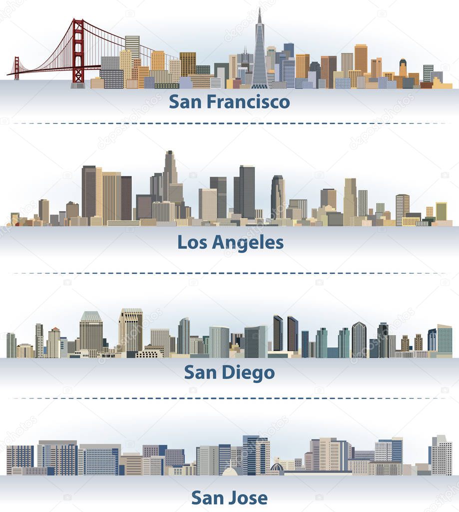 vector collection of United States city skylines: San Francisco, Los Angeles, San Diego and San Jose