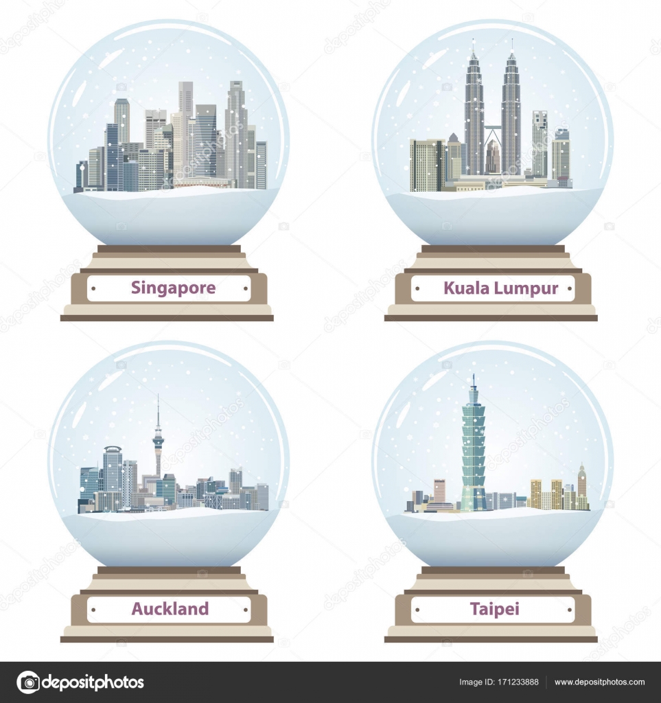 Vector collection of snow globes with Singapore, Kuala Lumpur, Auckland
