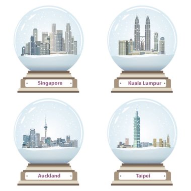 Singapur, Kuala Lumpur, Auckland ve Taipei şehir silueti ile kar küresi koleksiyonu vektör