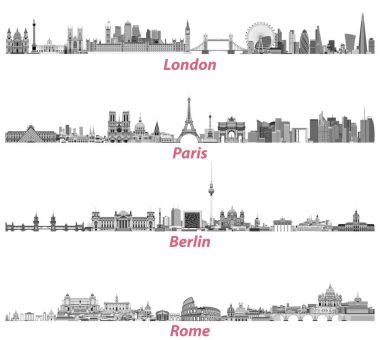 Londra, Paris, Berlin ve Roma şehir silueti beyaz arka plan üzerinde izole siyah ve beyaz renk paletindeki. Vektör çizim