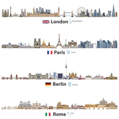 Beyaz arka plan üzerinde izole Londra, Paris, Berlin ve Roma şehir silueti vektör Illustration. Bayraklar ve İngiltere (ve İngiltere), Fransa, Almanya ve İtalya haritalar