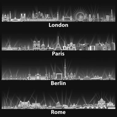 Londra, Paris, Berlin ve Roma şehir silueti vektör çizim gece siyah ve beyaz renk paleti