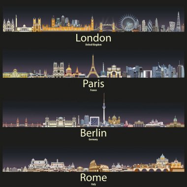 Londra, Paris, Berlin ve Roma şehir silueti vektör çizim gün batımında