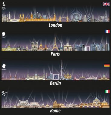 Londra, Paris, Berlin ve Roma silüetini vektör Illustration parlak şehir ışıkları ile gece. Bayraklar ve İngiltere (ve İngiltere), Fransa, Almanya ve İtalya haritalar