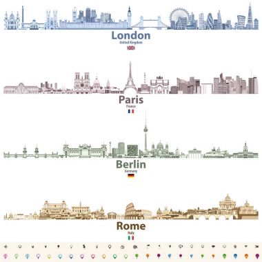 parlak renk paletleri Londra, Paris, Berlin ve Roma şehir silueti kümesini tasarlamak vektör