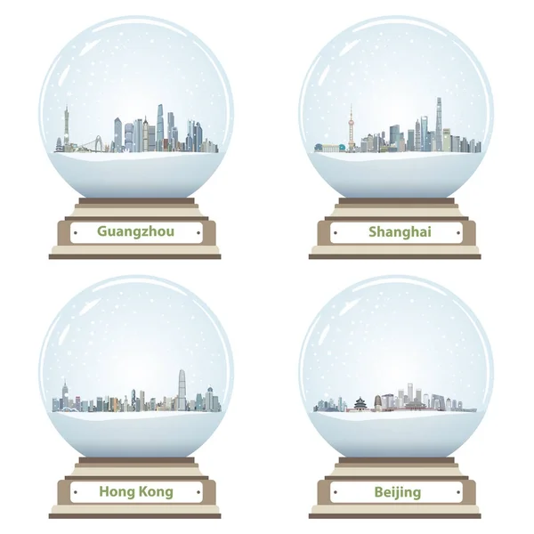 Collection vectorielle de boules de neige avec des skylines de Guangzhou, Shanghai, Hong Kong et Pékin — Image vectorielle