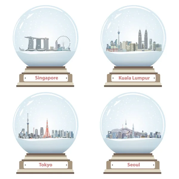 Collectie sneeuwbollen met Singapore, Kuala Lumpur, Tokyo en Seoul stad skylines — Stockvector