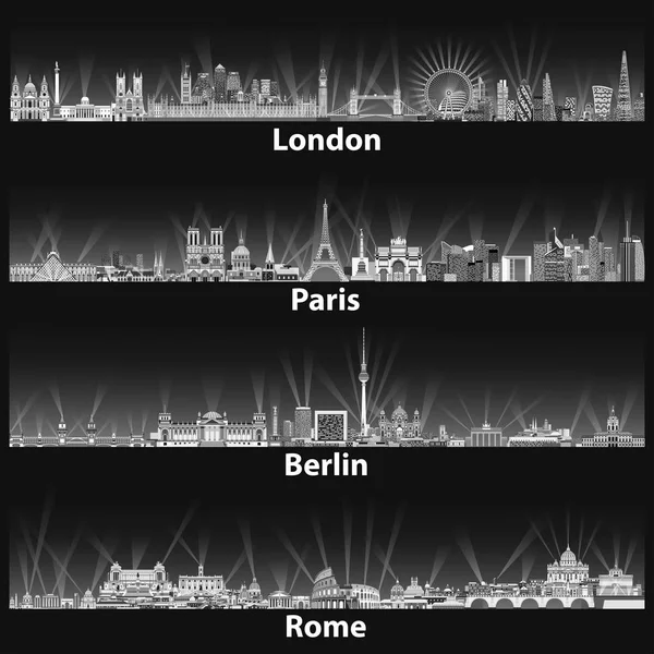 Εικονογράφηση διάνυσμα πόλη skylines Λονδίνο, Παρίσι, Βερολίνο και Ρώμη τη νύχτα σε μαύρο και άσπρο χρώμα παλέτα — Διανυσματικό Αρχείο