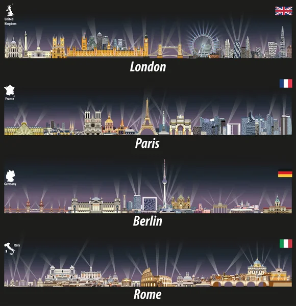 Ilustração vetorial de Londres, Paris, Berlim e Roma skylines à noite com luzes brilhantes da cidade. Bandeiras e mapas do Reino Unido (e Inglaterra), França, Alemanha e Itália — Vetor de Stock