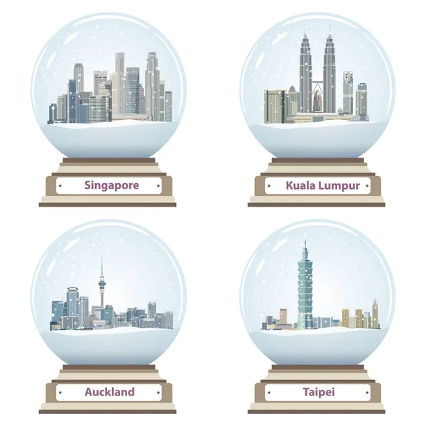 Vector collection of snow globes with Singapore, Kuala Lumpur, Auckland and Taipei city skylines Vector Graphics