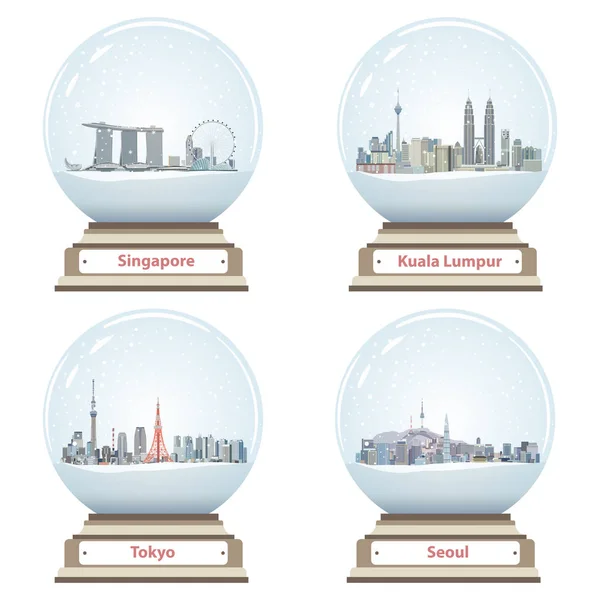 Collection of snow globes with Singapore, Kuala Lumpur, Tokyo and Seoul city skylines Vector Graphics