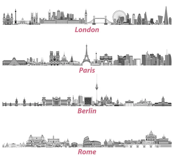 Skylines de Londres, Paris, Berlin et Rome dans une palette de couleurs noir et blanc isolé sur fond blanc. Illustration vectorielle — Image vectorielle