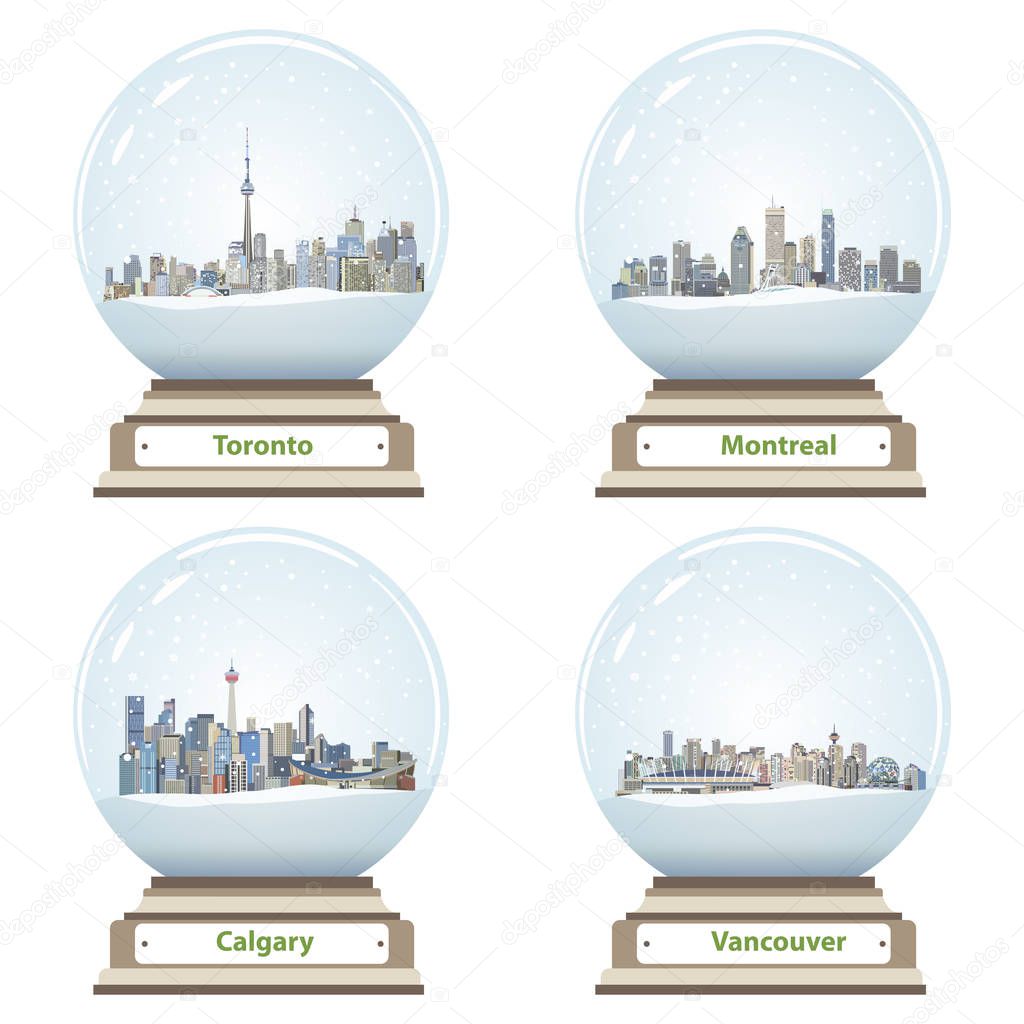 vector collection of snow globes with canadian city skylines